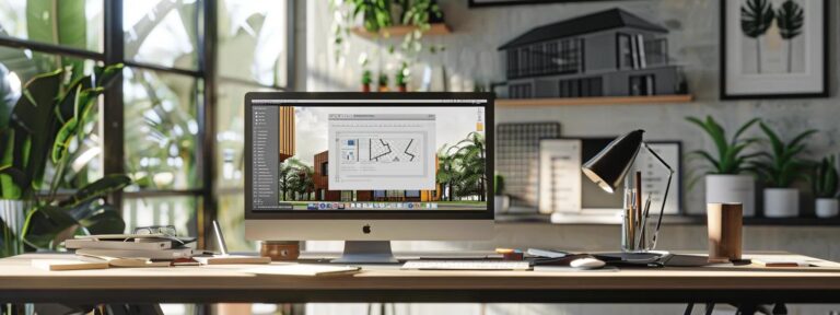 a focused indoor workspace showcases a sleek computer setup with an open application form on the screen, surrounded by architectural design sketches and online course materials, emphasizing the clarity and accessibility of the arizona set aside application process for aspiring architects.