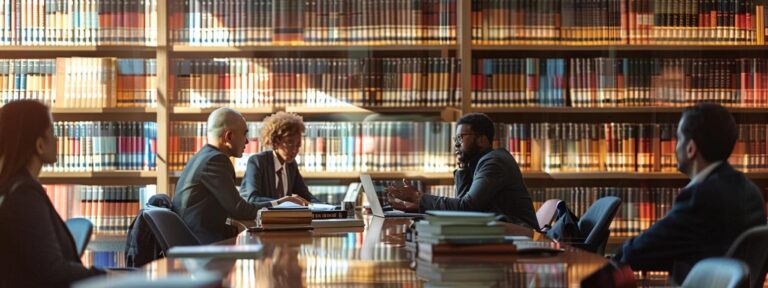 a professional legal office filled with shelves of law books, where a diverse group of individuals engaged in a focused discussion around a modern conference table, embodies the complexities and clarity of the expungement process.