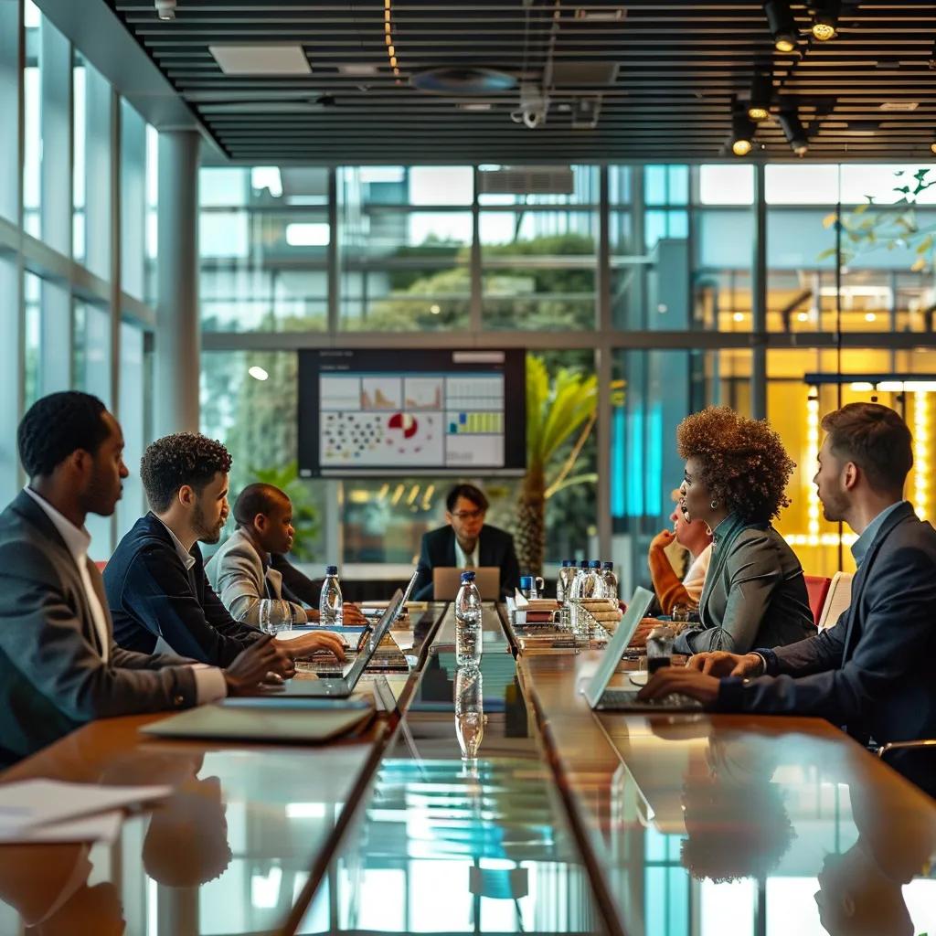 in a modern, sleek office setting, a diverse group of professionals is gathered around a large conference table, engaged in an animated discussion about common misconceptions surrounding expungement laws; the scene features an array of digital devices displaying infographics and legal documents, with expressions of curiosity and determination on their faces, symbolic pillars representing justice subtly integrated into the background, and large windows allowing ample natural light to illuminate the room. shot with a canon eos r5 using a canon rf 24-70mm f2.8 l is usm lens, the image captures the essence of a collaborative and educational atmosphere from a slightly elevated perspective, focusing on the center of the table while ensuring the participants remain the focal point. the lighting scheme utilizes bright, natural light combined with soft artificial uplighting to enhance the clarity and vibrancy of the scene, rendered in a photorealistic style that emphasizes sharp details and natural skin tones.