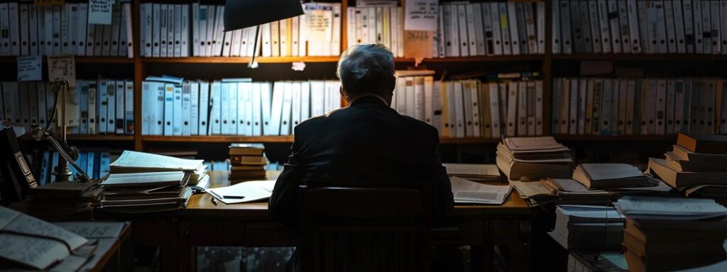 a solemn office setting captures a worried individual seated at a desk cluttered with legal documents, illuminated by the harsh glow of a desk lamp, symbolizing the weight of unresolved criminal records pressing on their future.