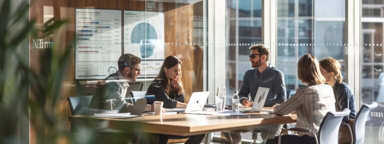 a professional office interior showcases a diverse group of individuals engaged in a focused discussion around a modern conference table, with charts and legal documents emphasizing the theme of expungement eligibility requirements.
