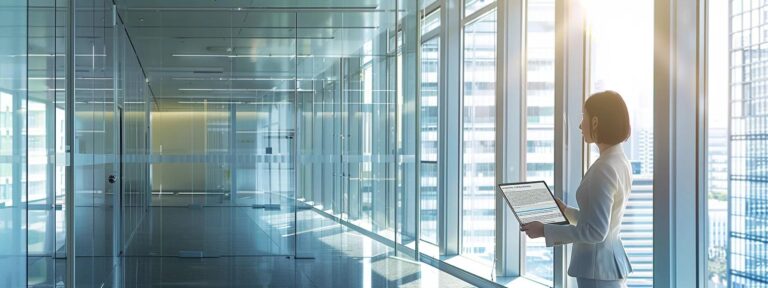 a sleek, modern office setting showcases a confident professional reviewing a digital tablet displaying highlighted public records, with a backdrop of glass walls and cityscape, symbolizing transparency and access to information.