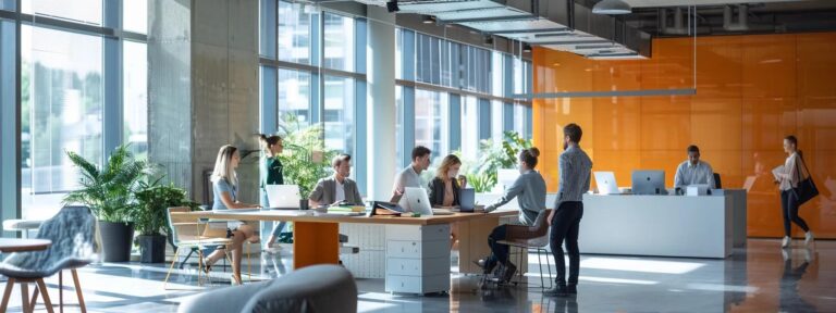 a sleek, modern office interior is bustling with professionals engaged in deep conversation as they review documents and laptop screens, highlighting the critical decision-making involved in selecting an expungement service provider or attorney.