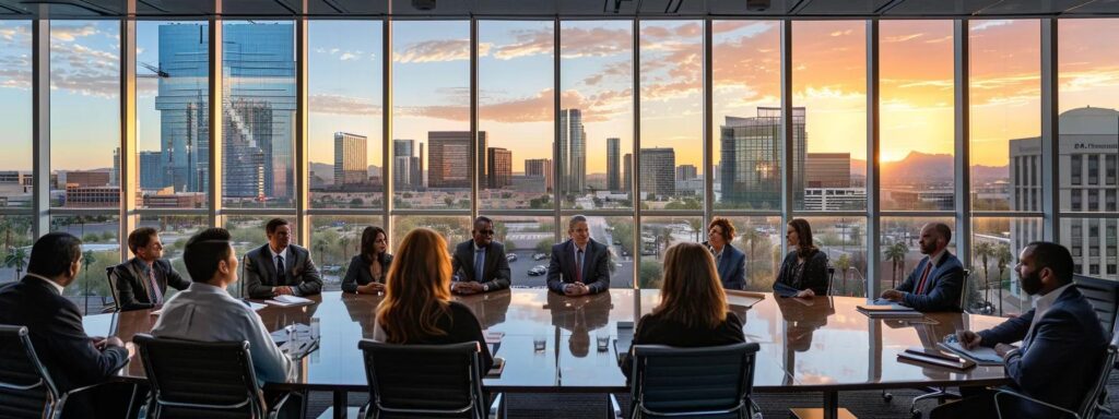 a sleek, modern law office with large windows revealing an urban skyline, featuring a polished conference table where a diverse group of legal professionals engage in a dynamic discussion about arizona legal terms, illuminated by warm, focused lighting.