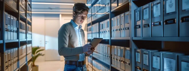 a sleek, modern office setting showcases a professional reviewing a digital document on a tablet, surrounded by secure filing cabinets, illustrating the importance of sealing records to enhance privacy and future opportunities.