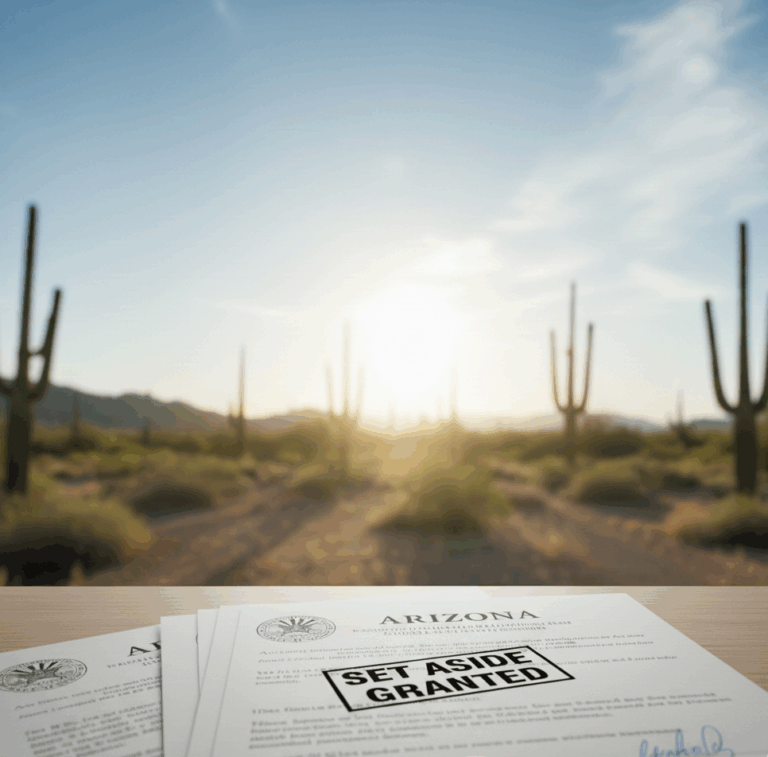 Arizona land set aside grant document with key on desk, desert landscape at sunrise