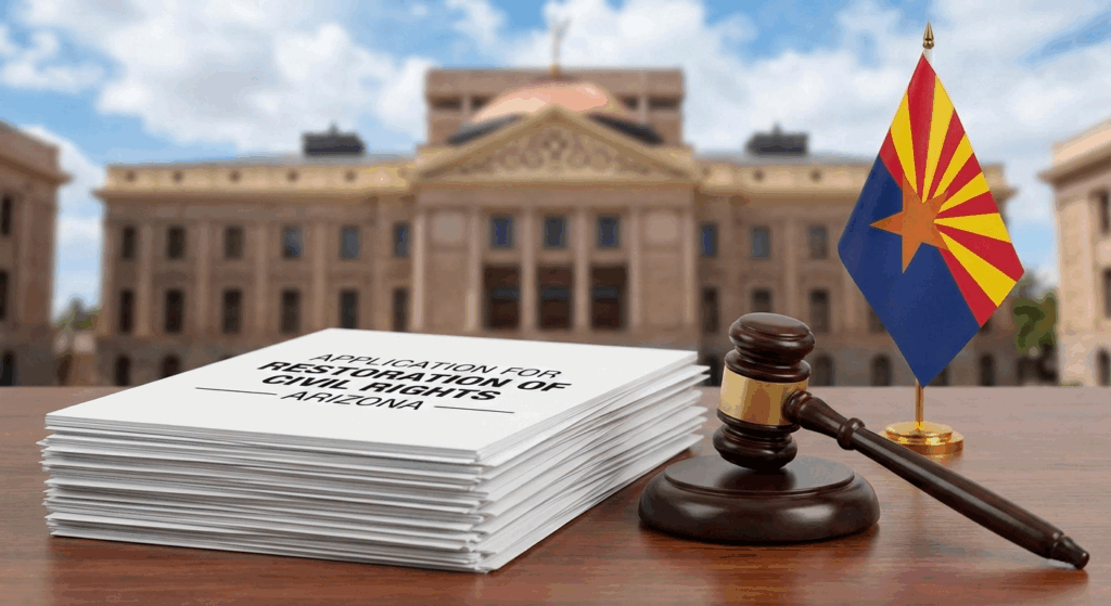 Arizona legal documents with judge gavel and state flag outside capitol building