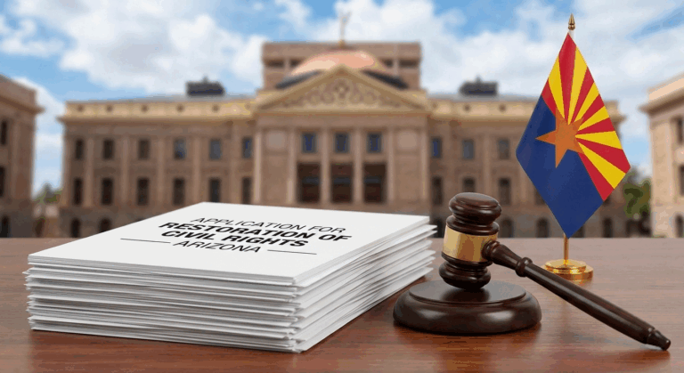Arizona legal documents with judge gavel and state flag outside capitol building