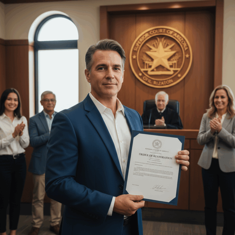 Man holding legal restoration certificate in courtroom with judge and officials applauding