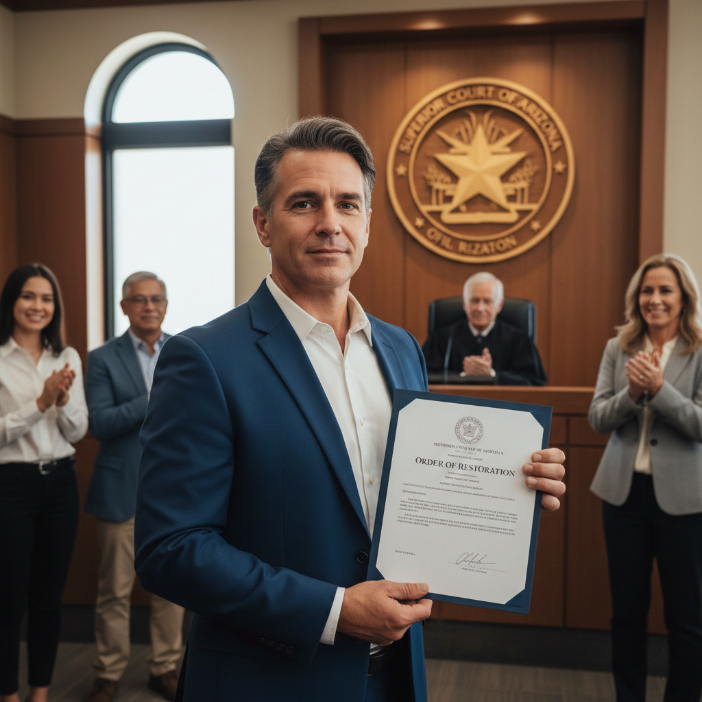 Man holding legal restoration certificate in courtroom with judge and officials applauding