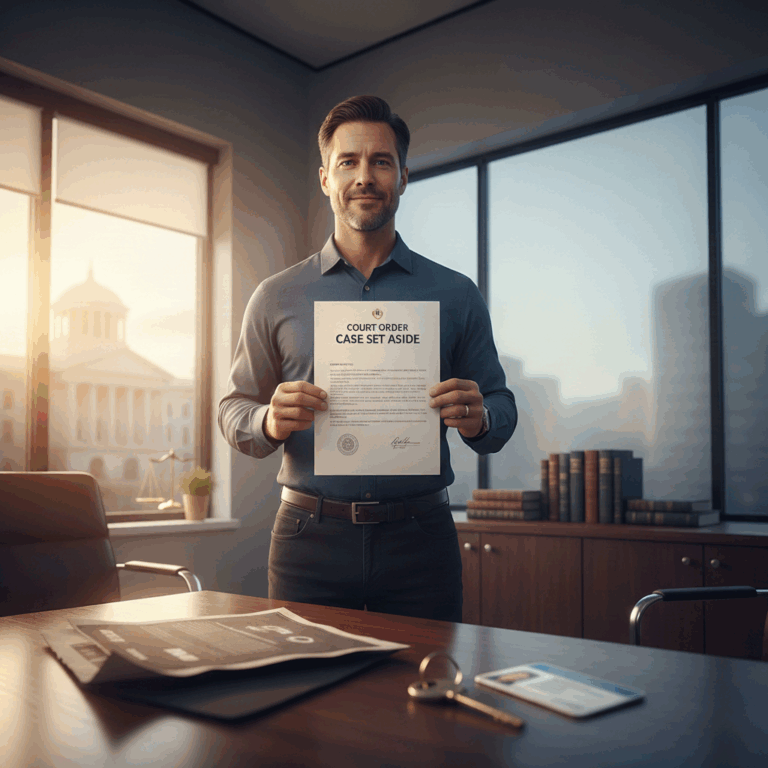 Man holding Arizona case set aside document in office, legal success and court approval