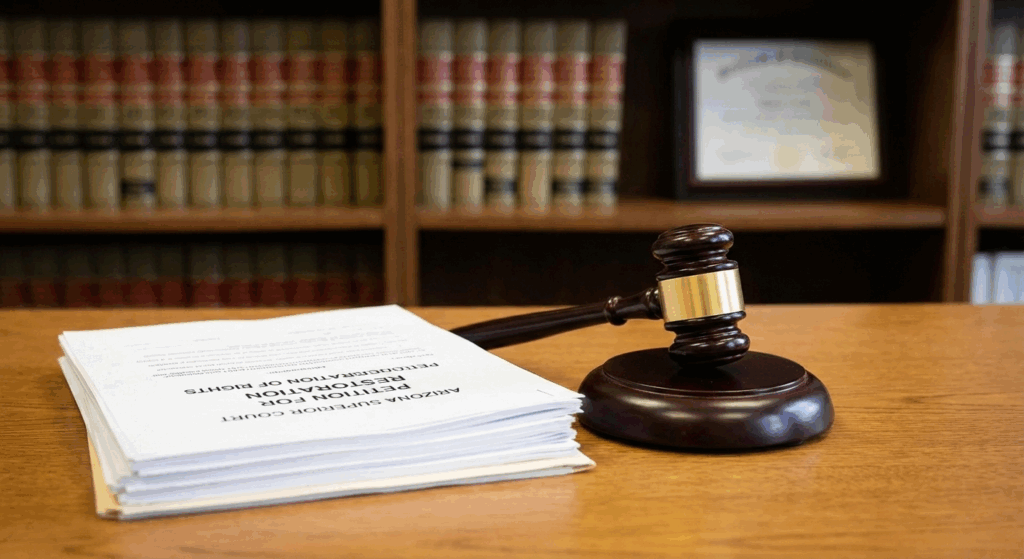 Judge gavel beside court documents on wooden desk in law office
