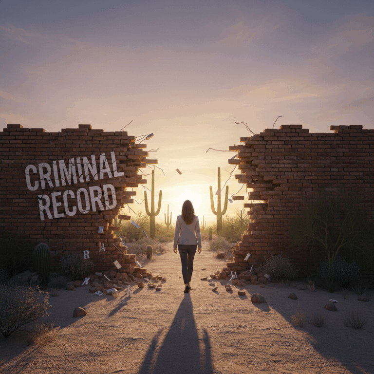 Woman walking through broken wall labeled criminal record toward freedom at desert sunrise