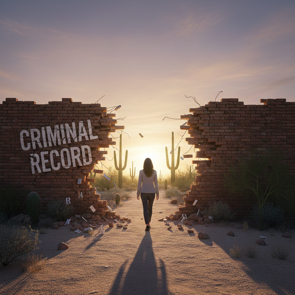 Woman walking through broken wall labeled criminal record toward freedom at desert sunrise