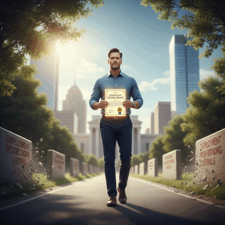 Man holding award certificate walking through city memorial park at sunrise