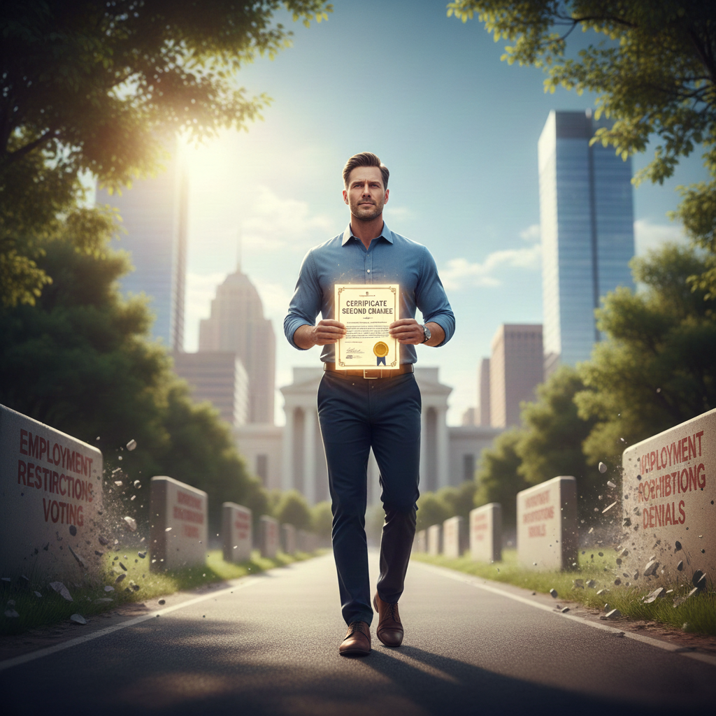 Man holding award certificate walking through city memorial park at sunrise