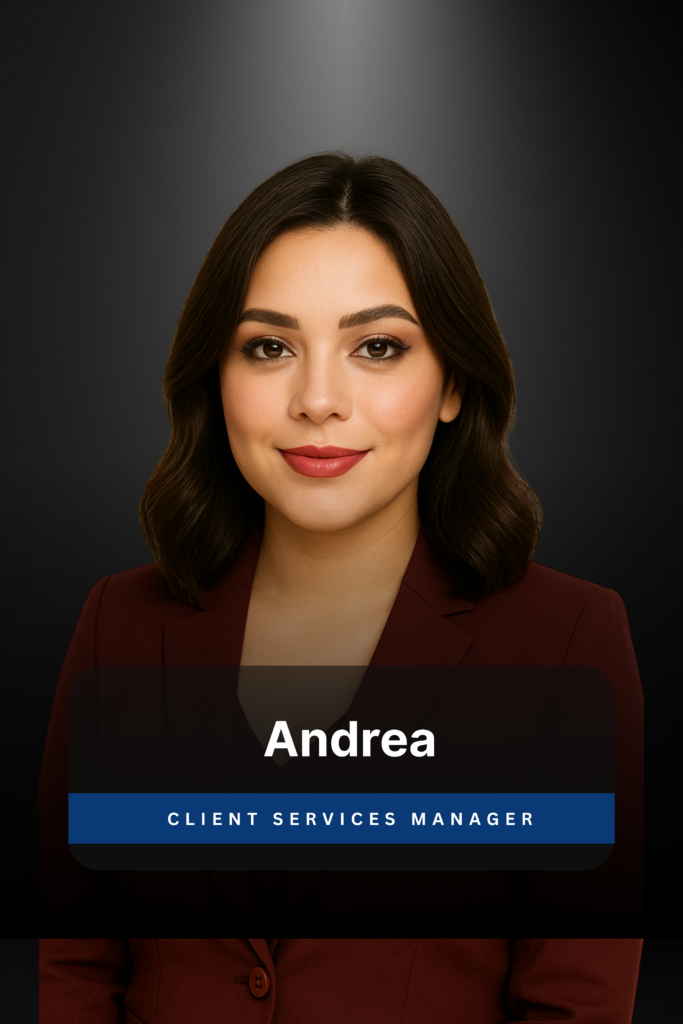 Professional headshot of Andrea, Client Services Manager at Future First Law, against dark background