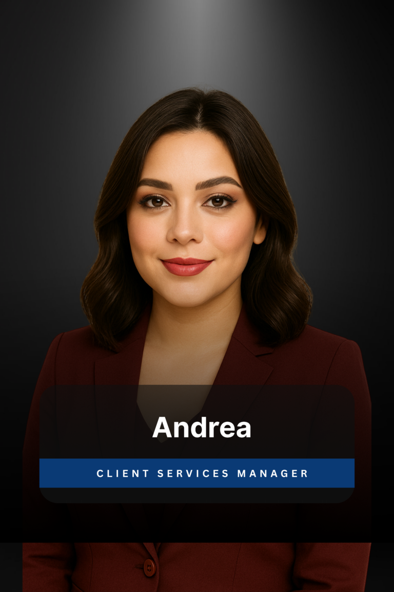 Professional headshot of Andrea, Client Services Manager at Future First Law, against dark background