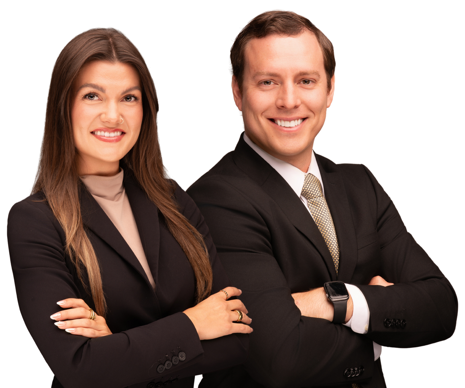 AZ Record Removal attorneys Zach Divelbiss and Brielle Schumpe in Phoenix, Arizona, standing back to back with friendly expressions