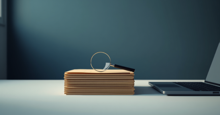 Magnifying glass propped on manila folders beside a laptop