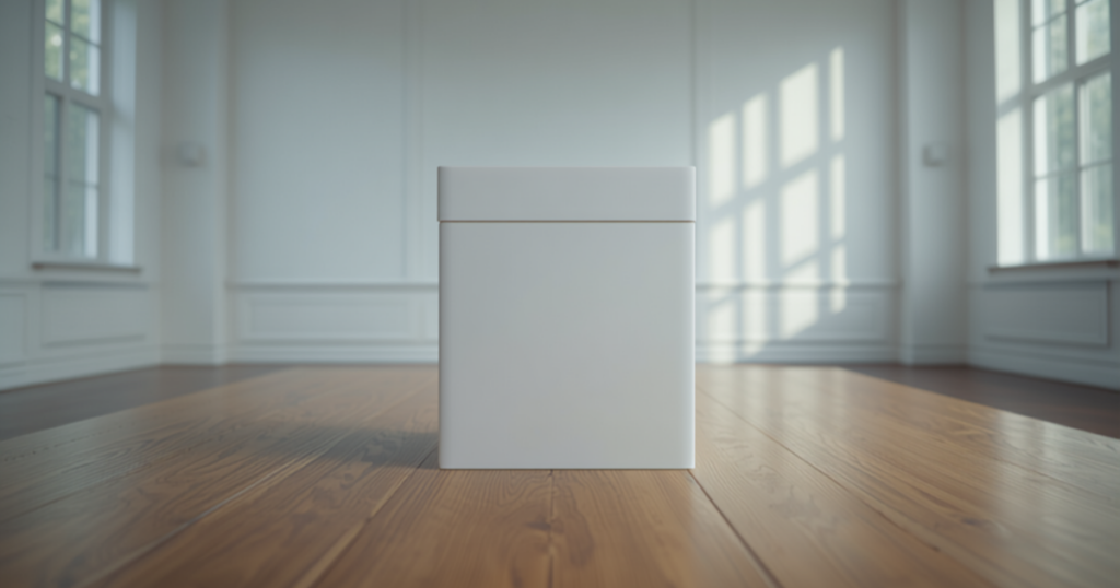 Plain white box standing alone on a wood floor in a bright room