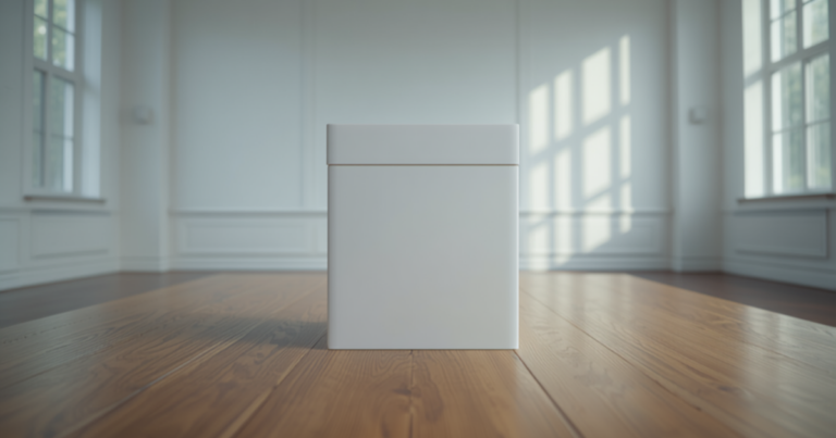 Plain white box standing alone on a wood floor in a bright room