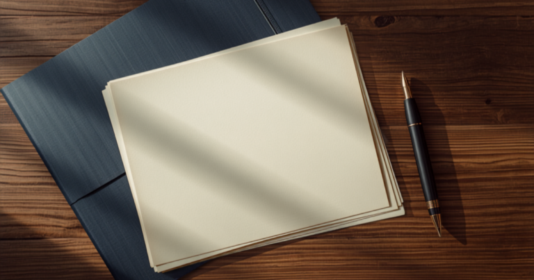 Blank paper stack and a pen resting on a navy folder on a wood desk