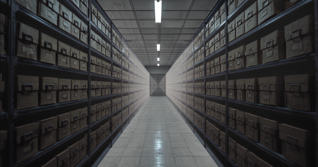 Long corridor of shelving stacked with rows of labeled storage boxes