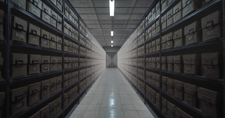 Long corridor of shelving stacked with rows of labeled storage boxes