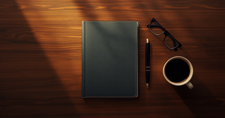 A closed notebook, pen, glasses and coffee mug on a wood desk